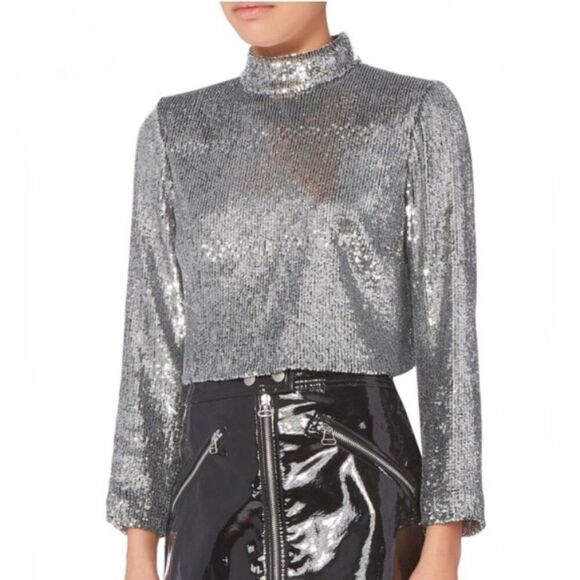A.L.C. - “Keegan” Sequin Crop Top, Long Sleeve, Holiday, Fitted- Size 2 Silver - Picture 1 of 17